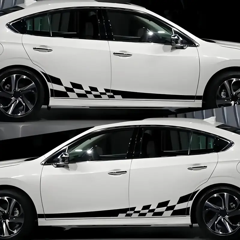 2Pcs Racing Checkered Flag Car Side Stripes Stickers, Waterproof Vinyl Side Skirt Decals, Universal Sport Checkerboard Auto Body Decor Stickers for Cars SUV Truck Van