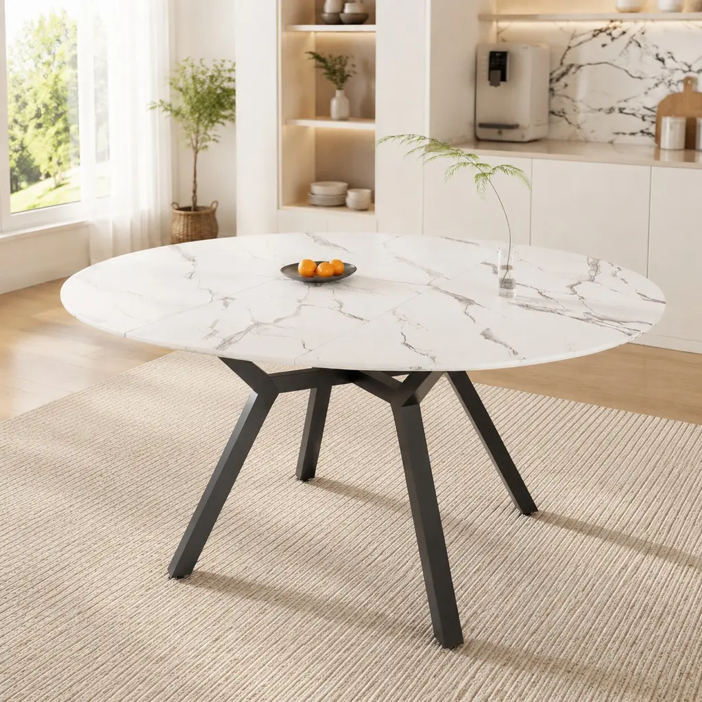 ARCH 47-63 inch Extendable White Circular Dining Table for 4-6 People, Modern Kitchen Table with MDF Top and Metal Legs, Space-Saving Round Dining Table for Home, Apartment, Restaurant, Easy Assembly, White Color Options, MDF Material