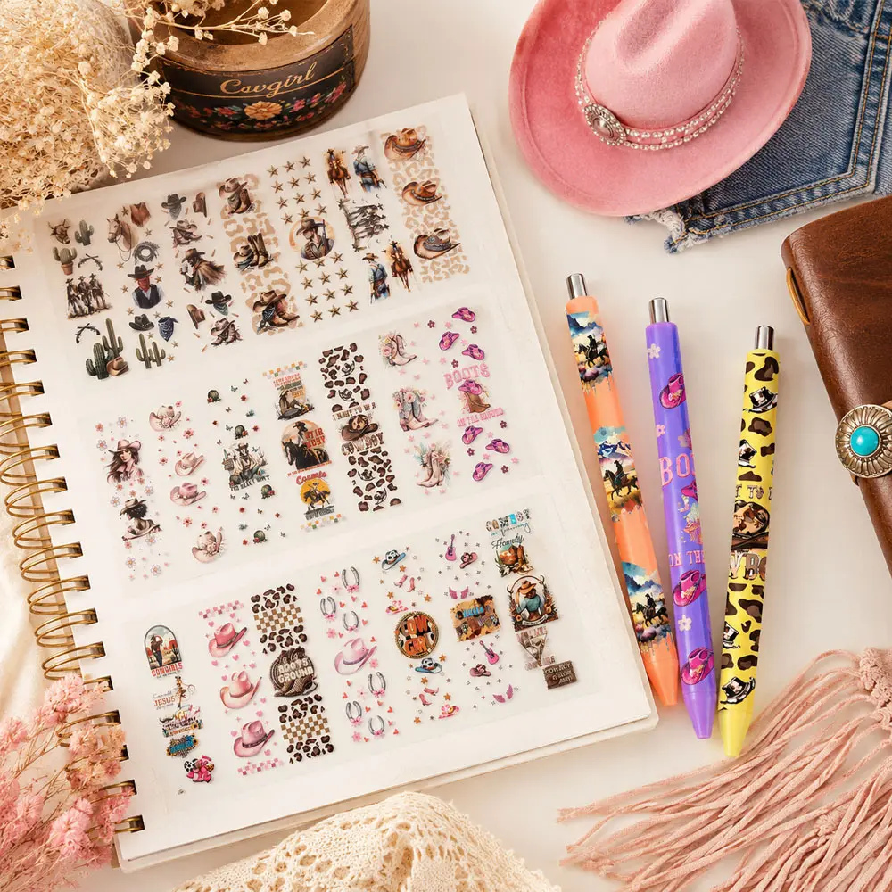 100 Pcs Unisex Western Cowboy UV DTF Pen Wraps, Waterproof Adhesive Transfer Decals with Cowboy Theme, Horse Motif, Hat & Boots Patterns for DIY Blank Pen Crafts Gifts