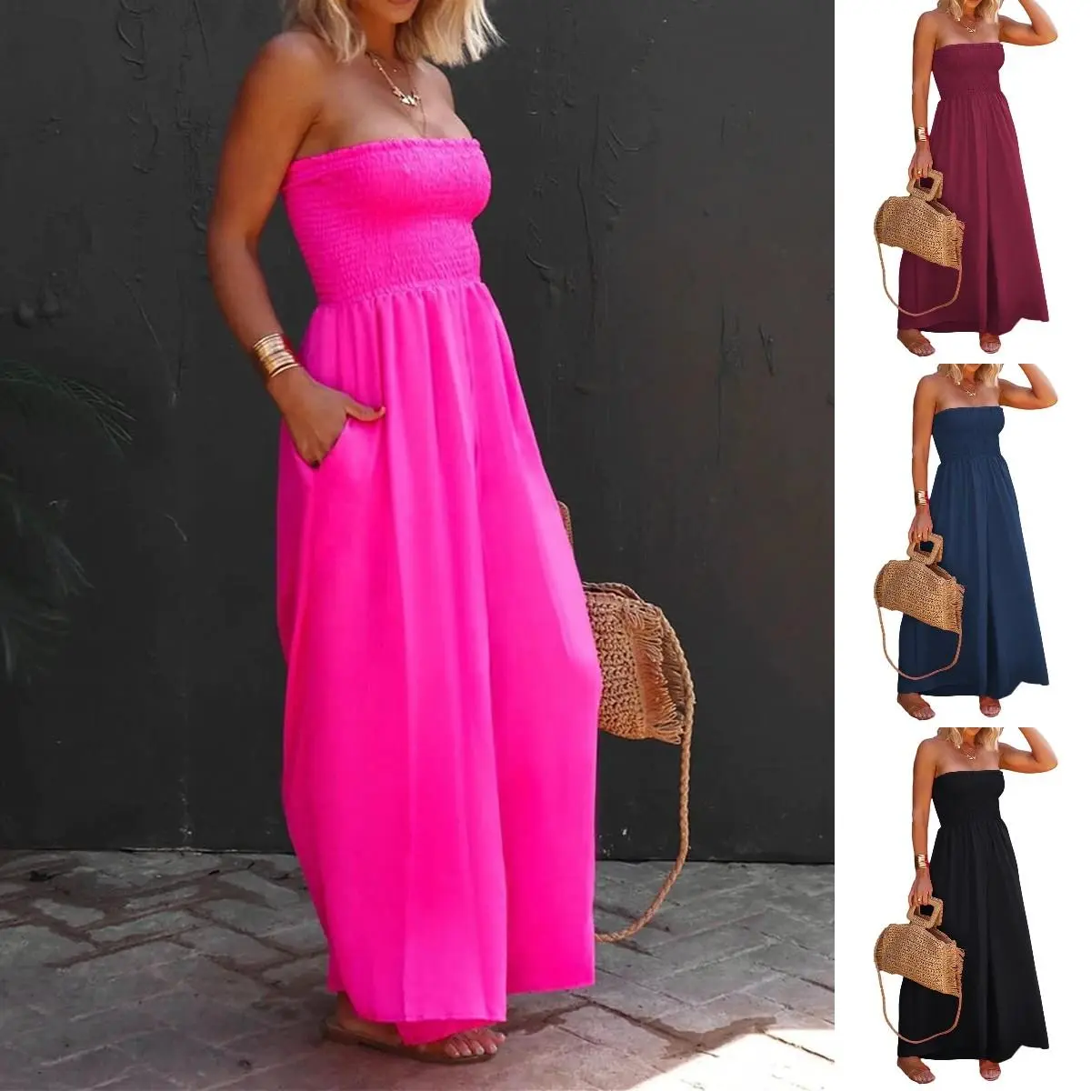 Goranbon Women's Strapless Sleeveless Chiffon Polyester Jumpsuits - Loose Fit Clothes, Overalls, Casual Summer Outfits with Pockets, Smocked Wide Leg Rompers