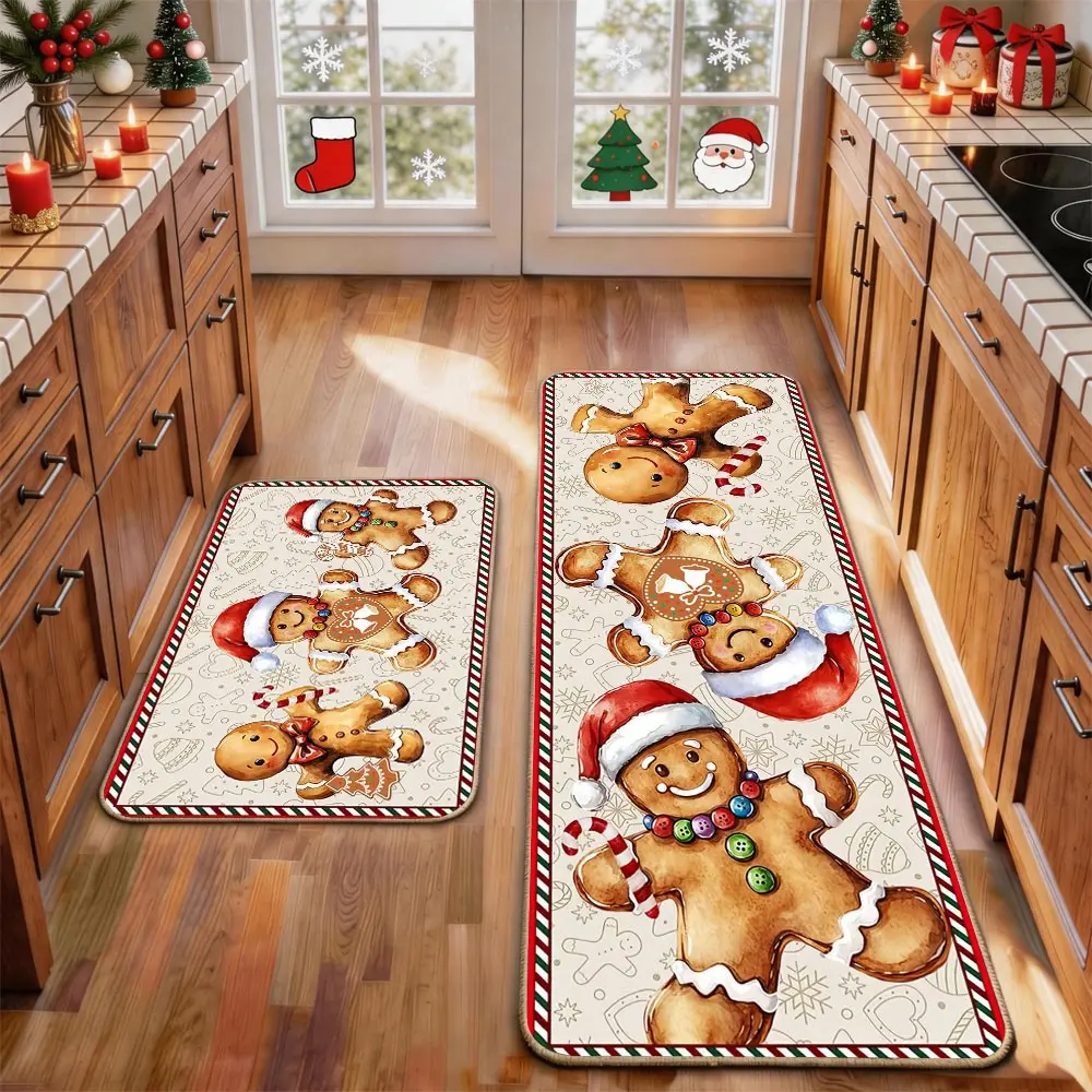 2 Pcs Christmas Kitchen Rug Mat Gnomes Gingerbread Tree Santa Clause Snowflake Red Black Floor Mat Set Farmhouse Kitchen Rug Non Slip Restaurant Floor Dining Room Laundry Room Decor Carpet Mat Winter Decor Home Decor Rug