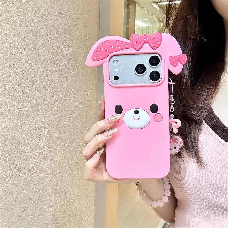 Cute cartoon silicone three-dimensional polka dot bowknot pink bunny protective phone case Cover Accessories with bunny pendant, suitable for iPhone 12 13 14 15 16 17 Pro Max Protective Covers