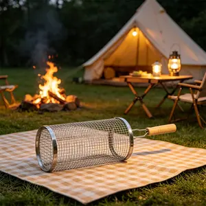 Outdoor Portable Rolling BBQ Cage, Thickened Stainless Steel Roller Mesh Tube, Household Korean Rotating Barbecue Mesh Cage