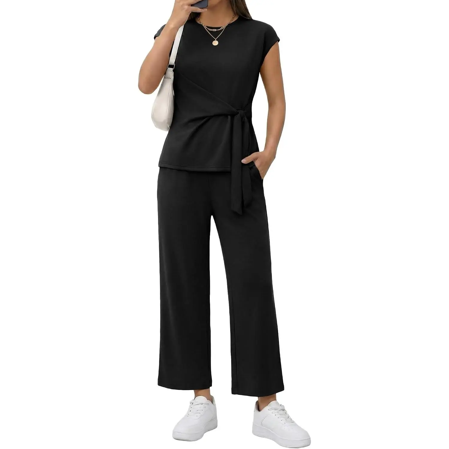 Two Piece Sets for Women Summer Outfits Cap Sleeve Belted Crop Top Wide Leg Pants Matching Set