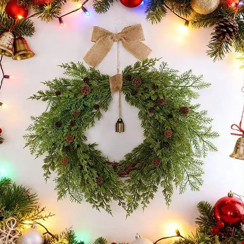 17.7-Inch Nordic Simple Style Christmas Wreath, Realistic Pine Cone Garland, Burlap Bow, Indoor Outdoor Holiday Decor, Home Decoration