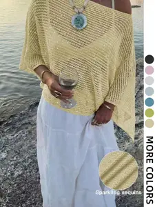 Large Size New Fashion Elegant Knit Multifunctional Knitwear Knitted Solid Lace Hollow Out One-Piece Shawl, Lightweight Loose Vest Top for Women, All Seasons, Womenswear