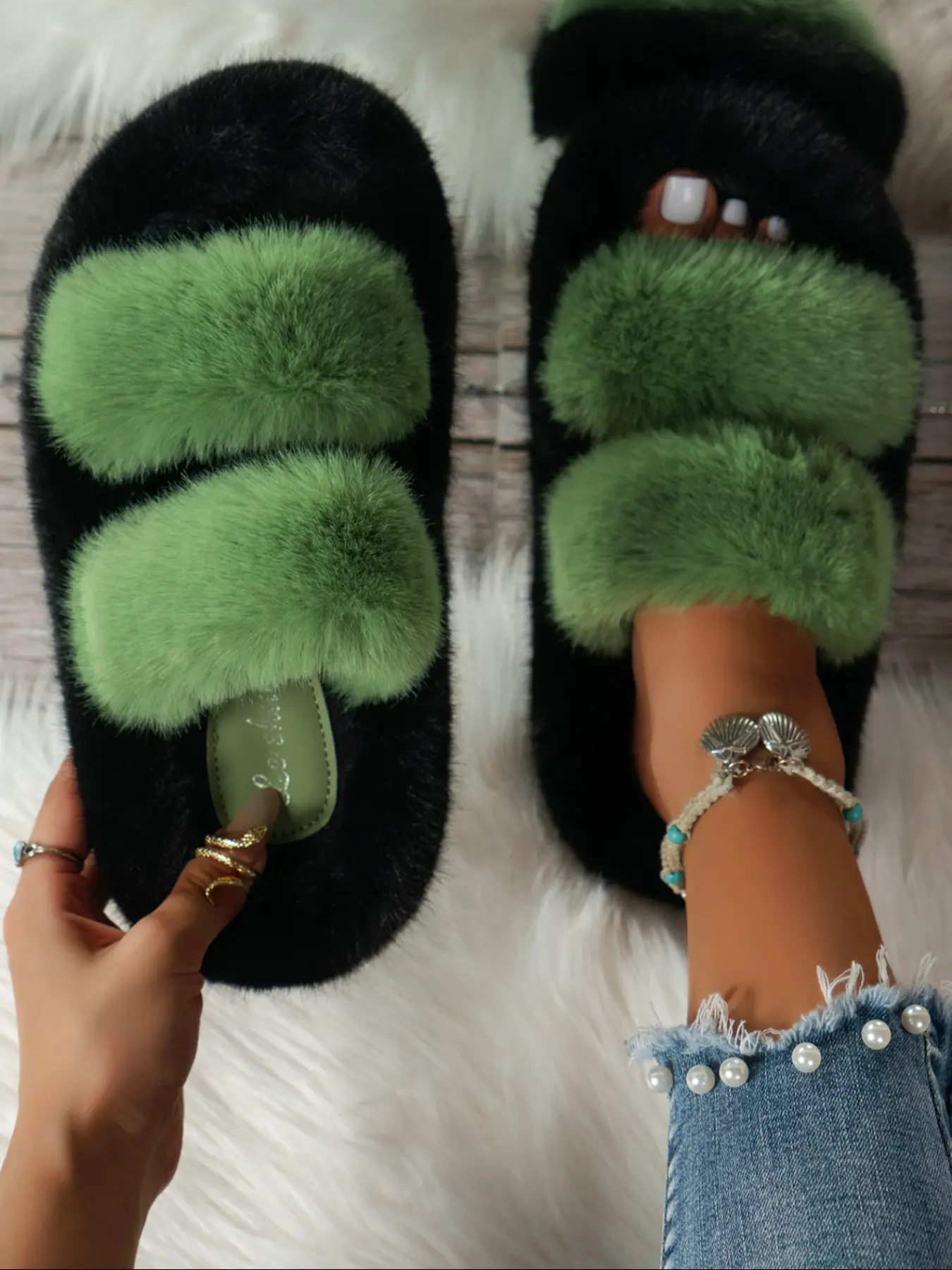 Women's Colorblock Striped Plush Sandals, 5 Colors, Imitation Mink Fur, Open Toe, Flat, Silent, Non-Slip, Fall Winter, Home Outdoor