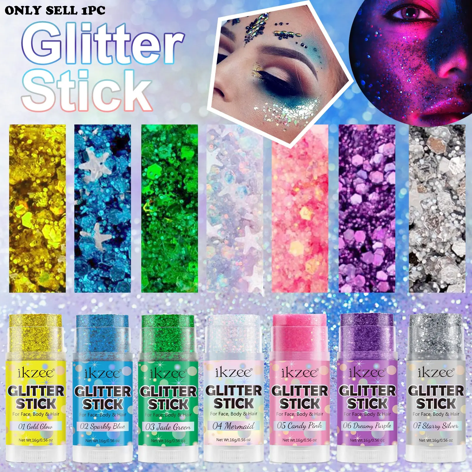 Ikzee Glitter Stick, Perfect for July 4th, Flashy Glitter, Sparkly Shimmer, Shimmering Body Glitter for Face and Hair, Mermaid Glitter, Party Accessories, Shimmer Makeup
