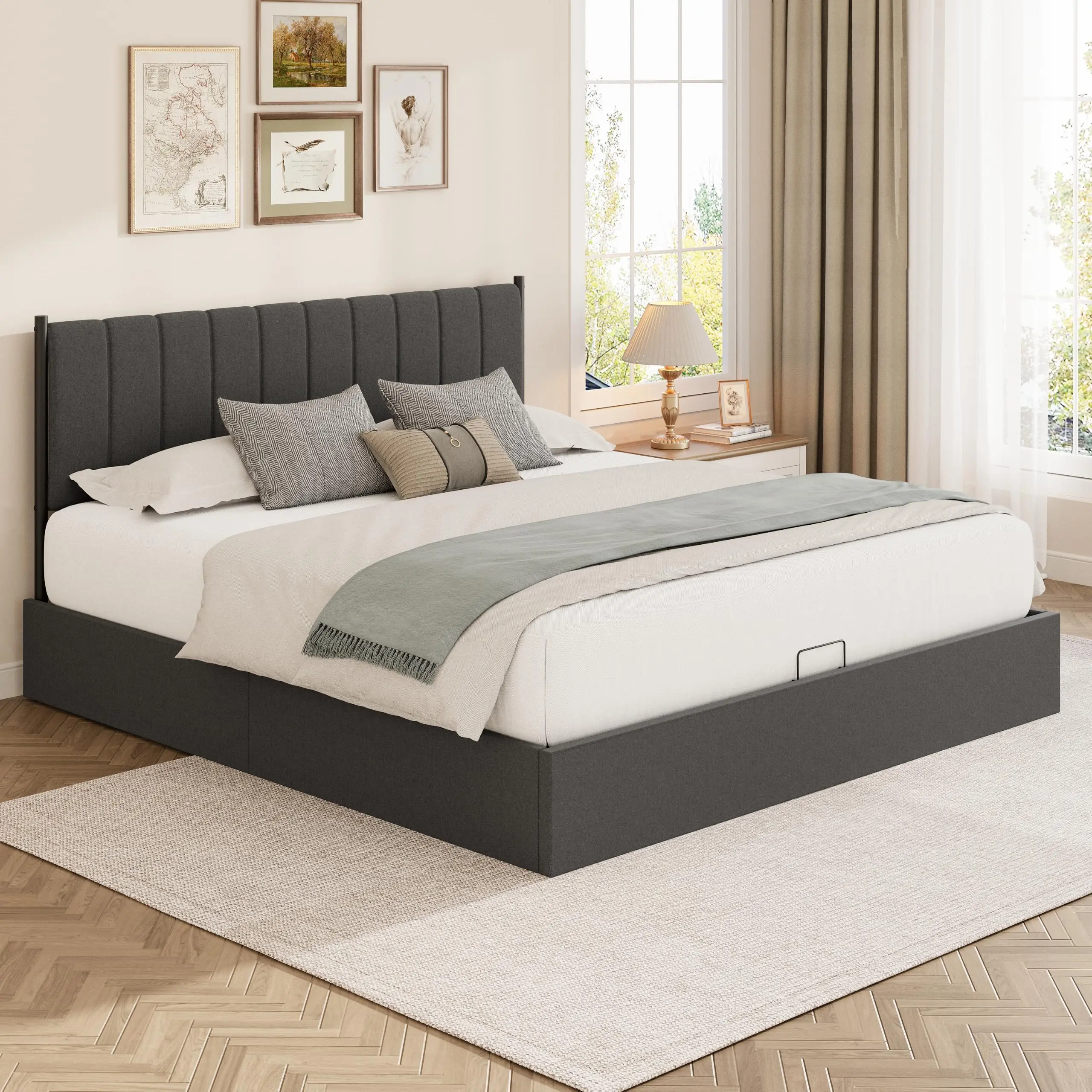 King Lift Up Storage Bed Frame with Linen Headboard, Dark Gray | Hydraulic lift system,Noise-free platform design,Smooth gas lift with an easy-pull handle,Vertical channel linen headboard