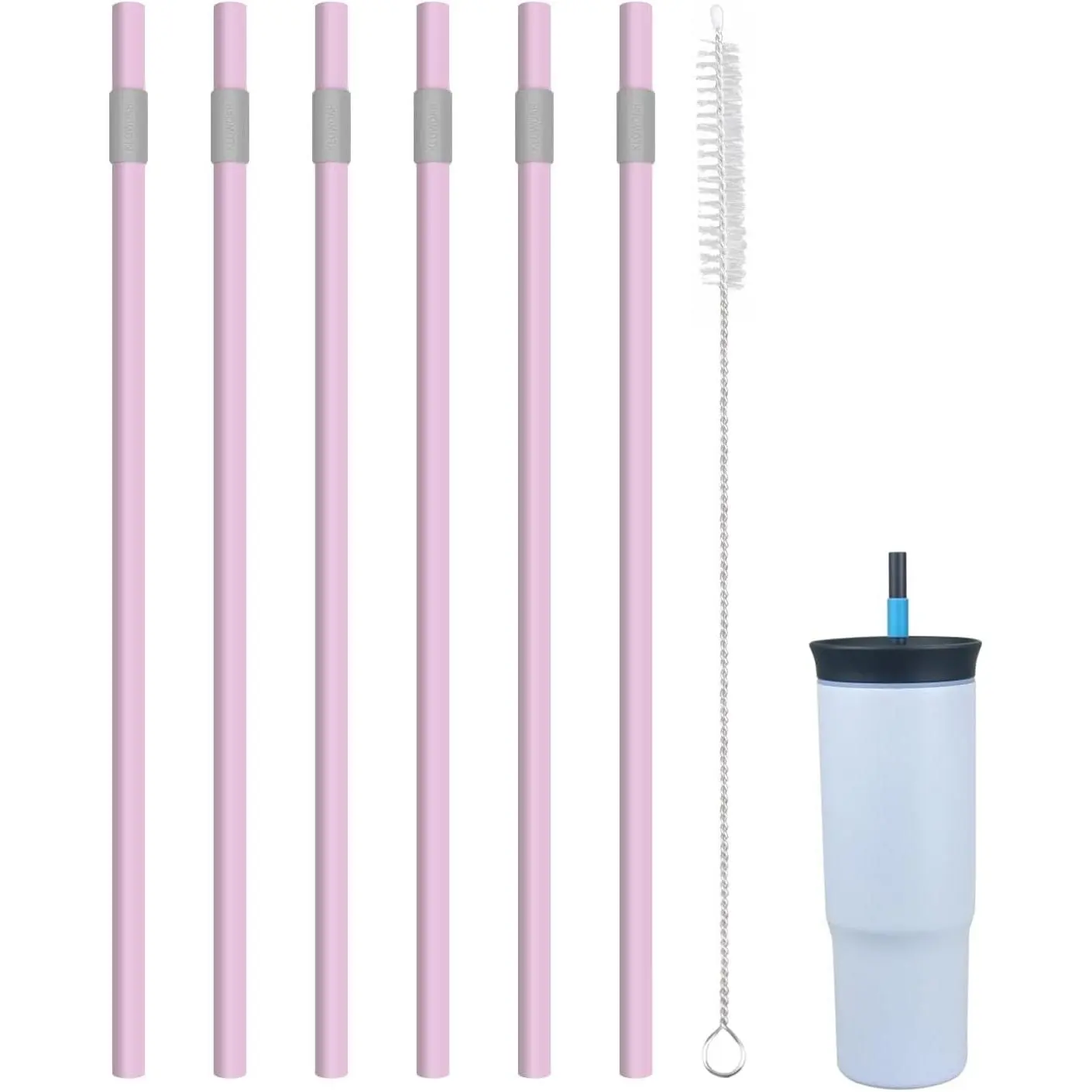 Insulated Steel Travel Straws - 6-Pack Light Red Straws Compatible with 24oz Tumblers, Includes 1 Synthetic Leakproof Cleaning Brush