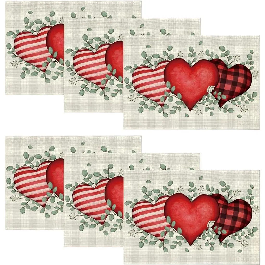 Eucalyptus Hearts Valentine Placemats Set of 6, 12x18 Inch Wedding Table Mats for Dining Decoration