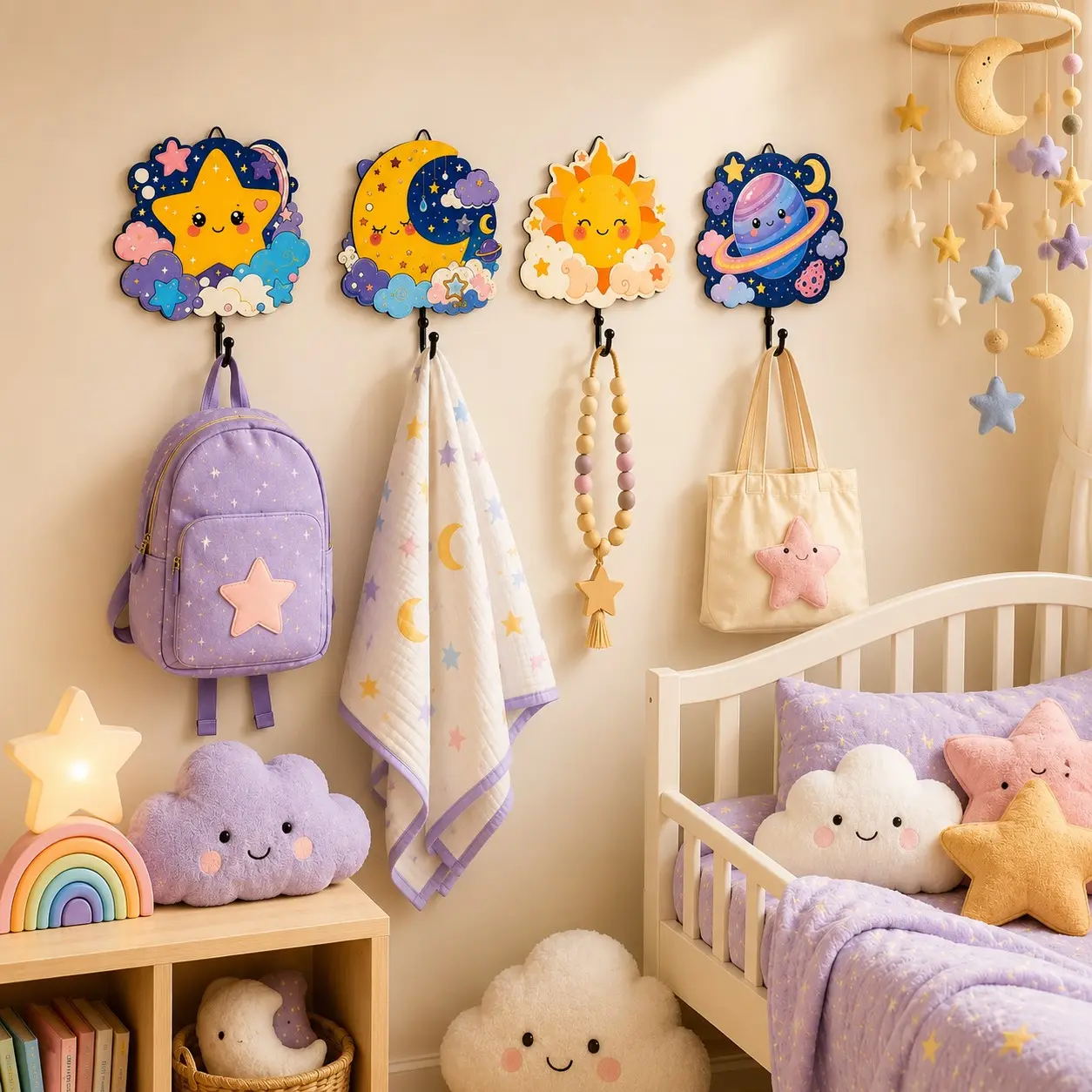 4 Pcs/1 Sets Cute Space-Themed Wooden Wall Hooks, Cartoon Sun Moon Star Planet Hooks for Kids Room, Nursery, Bedroom and Bathroom Decor, Clothes Towel Bag Hangers, Baby Shower Gift, Baptism and Christening Favors, Newborn Toddler Room Accessories