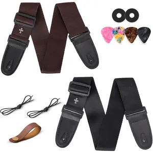 Guitar Strap  Set - 2 Packs  Woven with Leather Ends for Acoustic Electric Bass Ukulele, Adjustable with Picks Locks Rope, Birthday Christmas  for Beginners Musicians