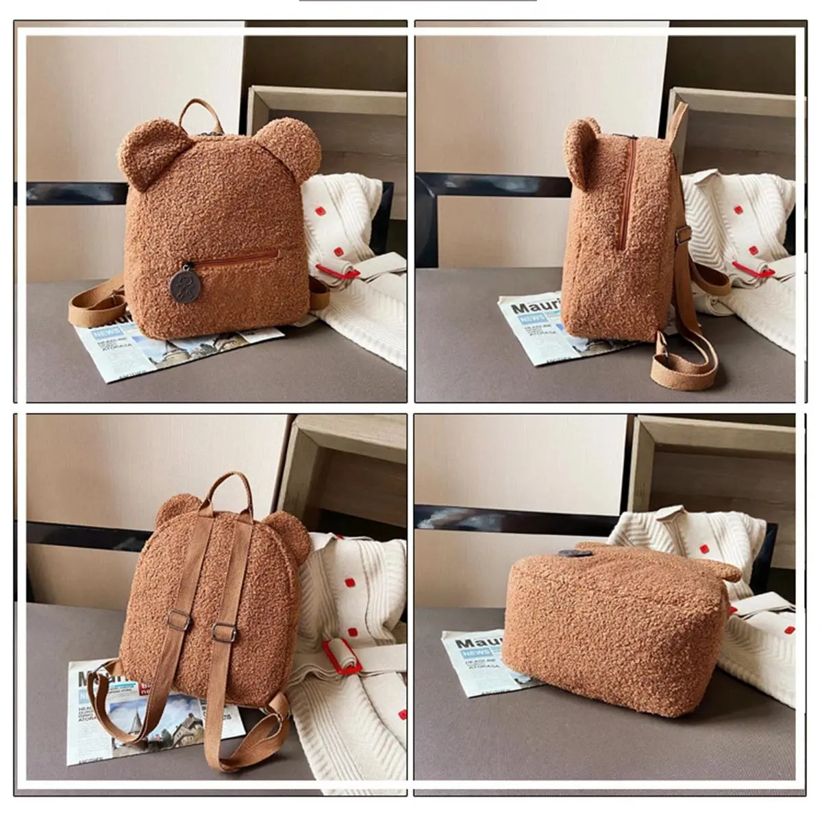 Plush backpack women's bag autumn and winter new Korean version cute little bear ear backpack girls' parent-child bag-/