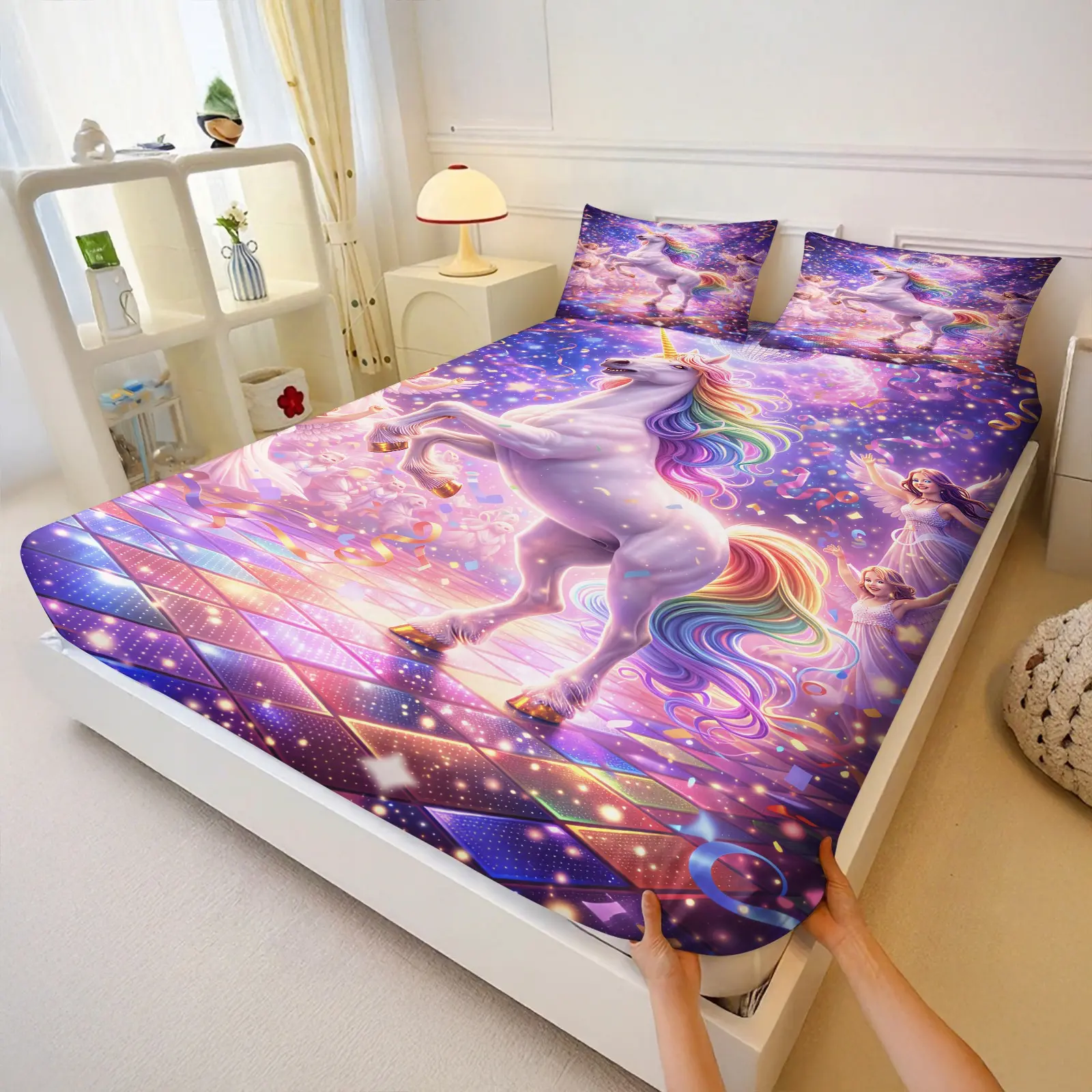 3PCS Disco Cartoon Unicorn Fitted Sheet Set,Rainbow Gradient Mane Print,Deep Pocket,Wrinkle‑Resistant Soft,Back‑to‑School Gift for Home Bedroom Dorm,Multi‑color Available