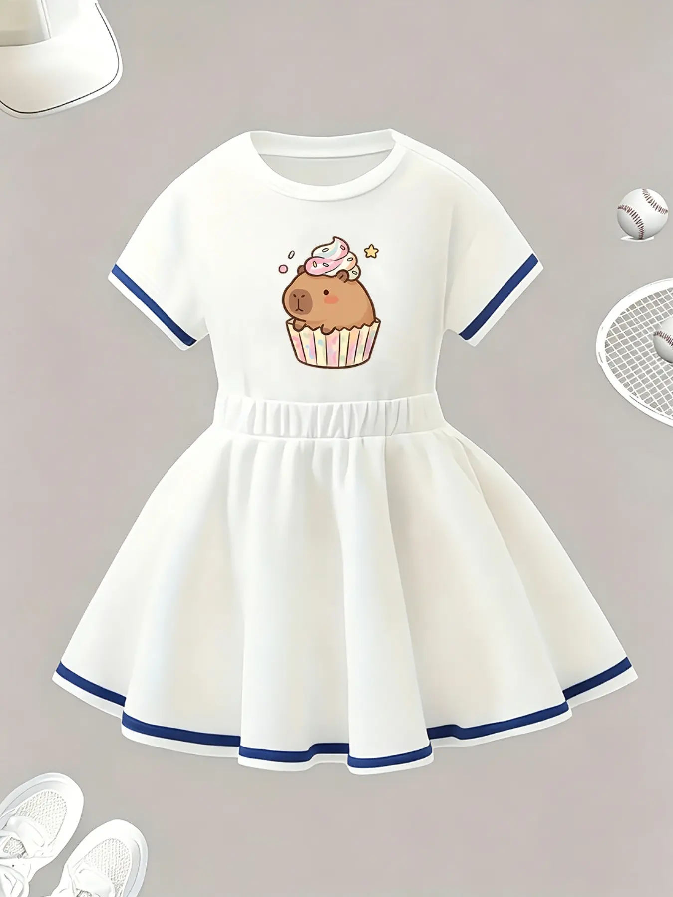 Girls' Spring Summer Fall Outdoor Sports Set, Round Neck Short Sleeve T-Shirt & Baseball Skirt, Cartoon Dolphin Print, Fashion Multifunctional Clothing
