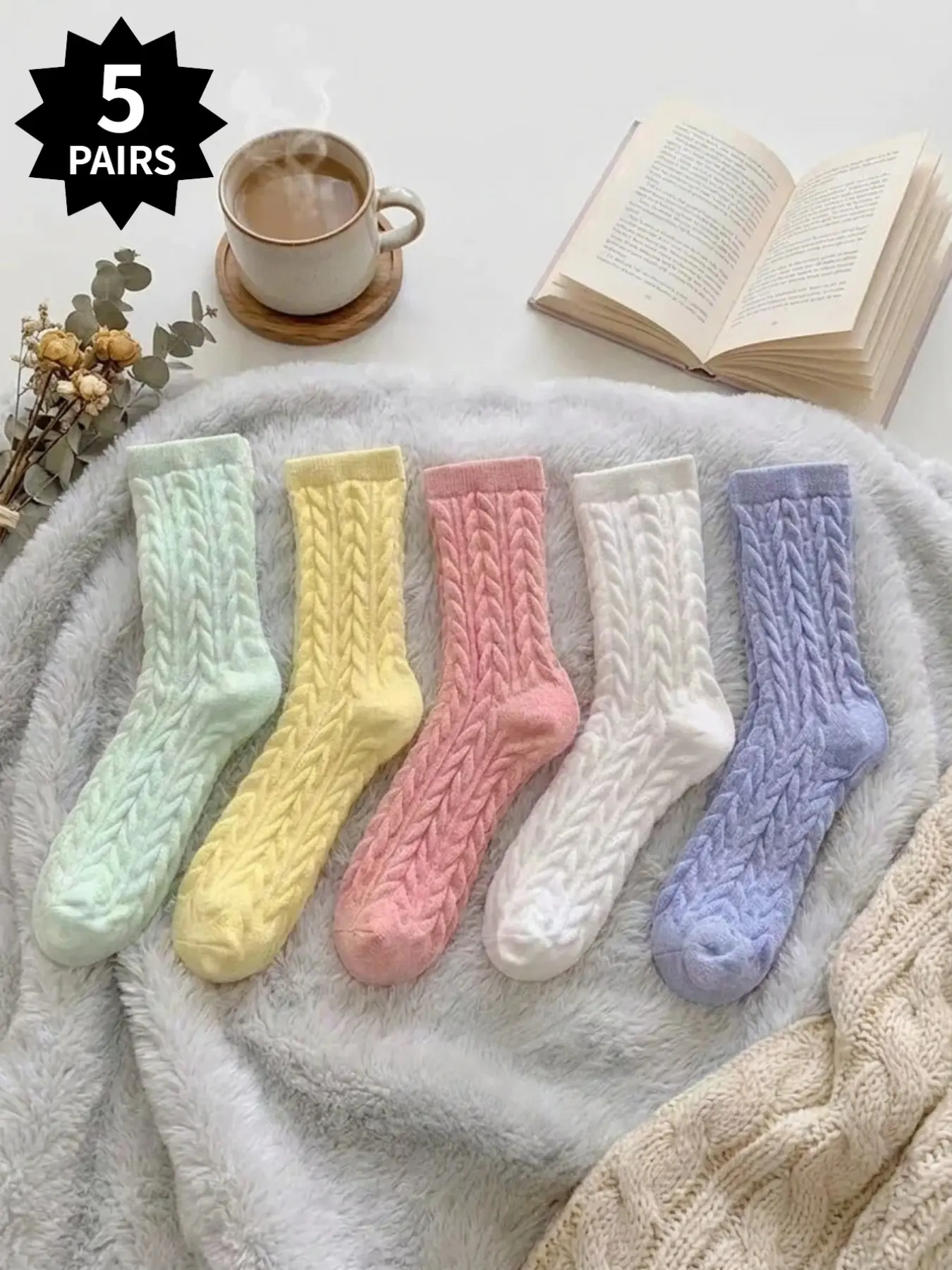 1/5 Women's Double-Pair Macaron-Colored Cable-Knit Mid-Calf Socks: Knee-High Socks, Casual Socks—Soft, Comfortable, and a Must-Have for Stylish Outfits