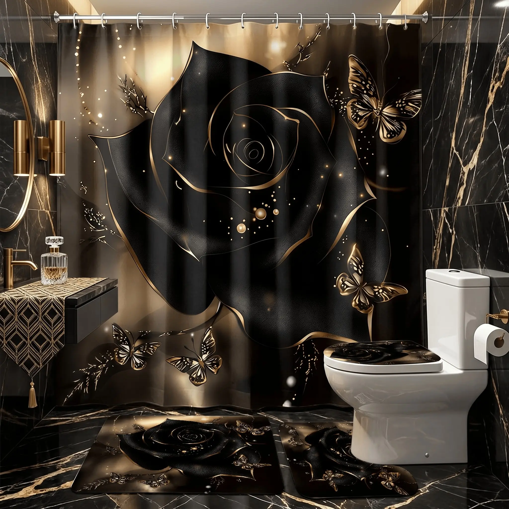 4pcs Luxury Golden Rose Bathroom Decor Set, Non-Slip Bath Mat, U-Shaped Rug, Toilet Lid Cover, Elegant Gold Butterflies Pattern, Shower Curtain Sets