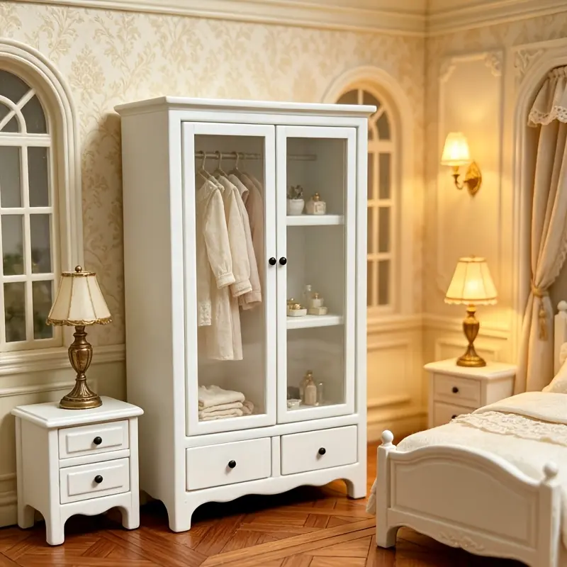 1:12 Mini Wooden Double Door Transparent Wardrobe Victorian DIY Miniature Furniture Black White Drawer Storage for OB11 BJD Scene Decor Christmas Easter New Year Gift