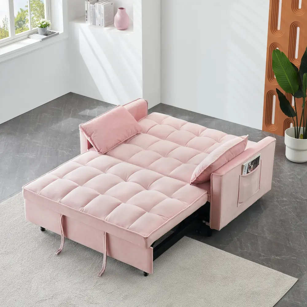 Littleox Modern velvet sofa, sofa pull-out bed, small love seat casual sofa with back, with pillow, pockets, living room furniture, 3 in 1 convertible sleep sofa bed.