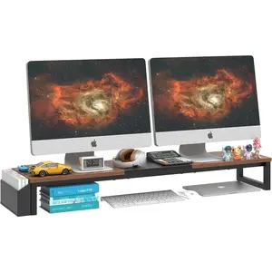 41.5'' Long Dual Monitor Stand Riser, Wood Computer Riser with Pocket, Desktop Organizer with Pen Holder for Desk, Computer, Laptop, TV, Rustic Brown