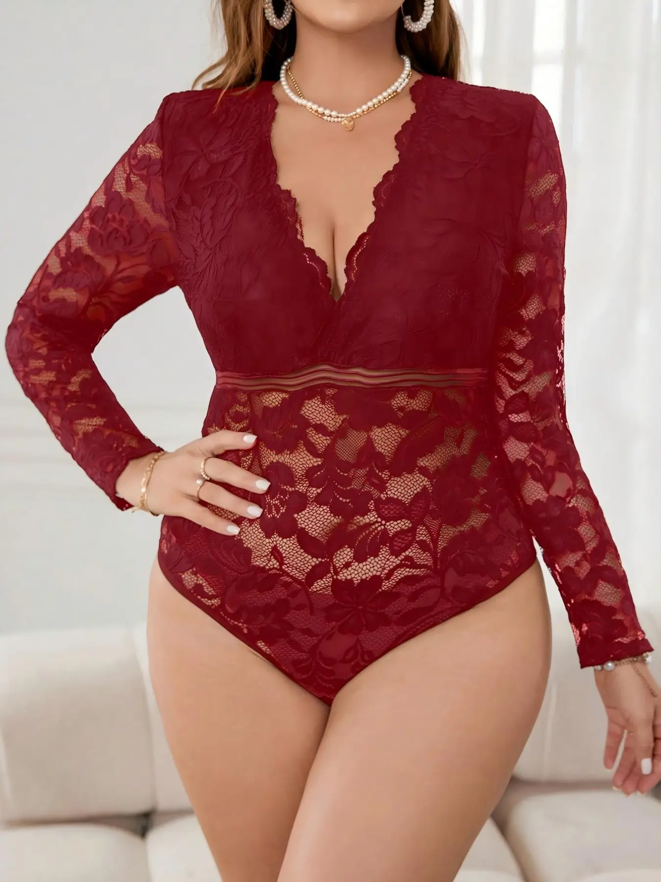 Women Plus Size Deep V Neck Floral Lace Long Sleeve Bodysuit Medium Stretch Sheer Leotard Curvy Fit Flattering Sexy Going Out Date Night Clubwear Elegant Jumpsuit Top