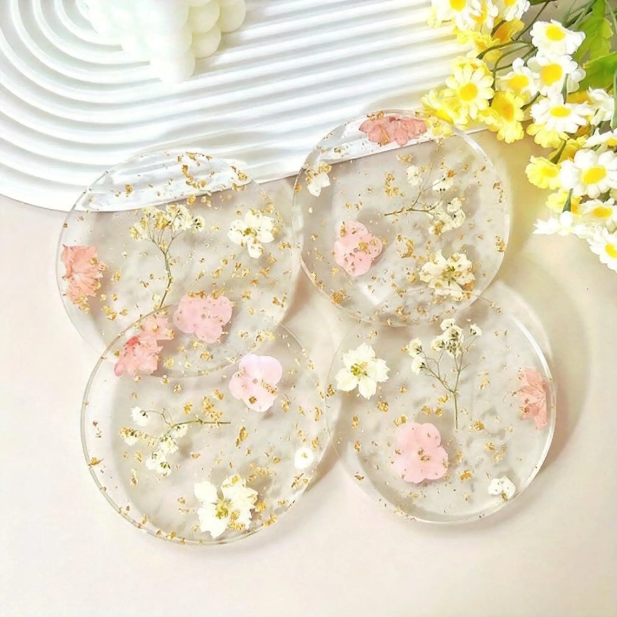 4pcs Acrylic Cup Coasters, Resin Table Mats, Waterproof Heat Insulating Pads, Elegant Tea Cup Accessories, Coaster Set