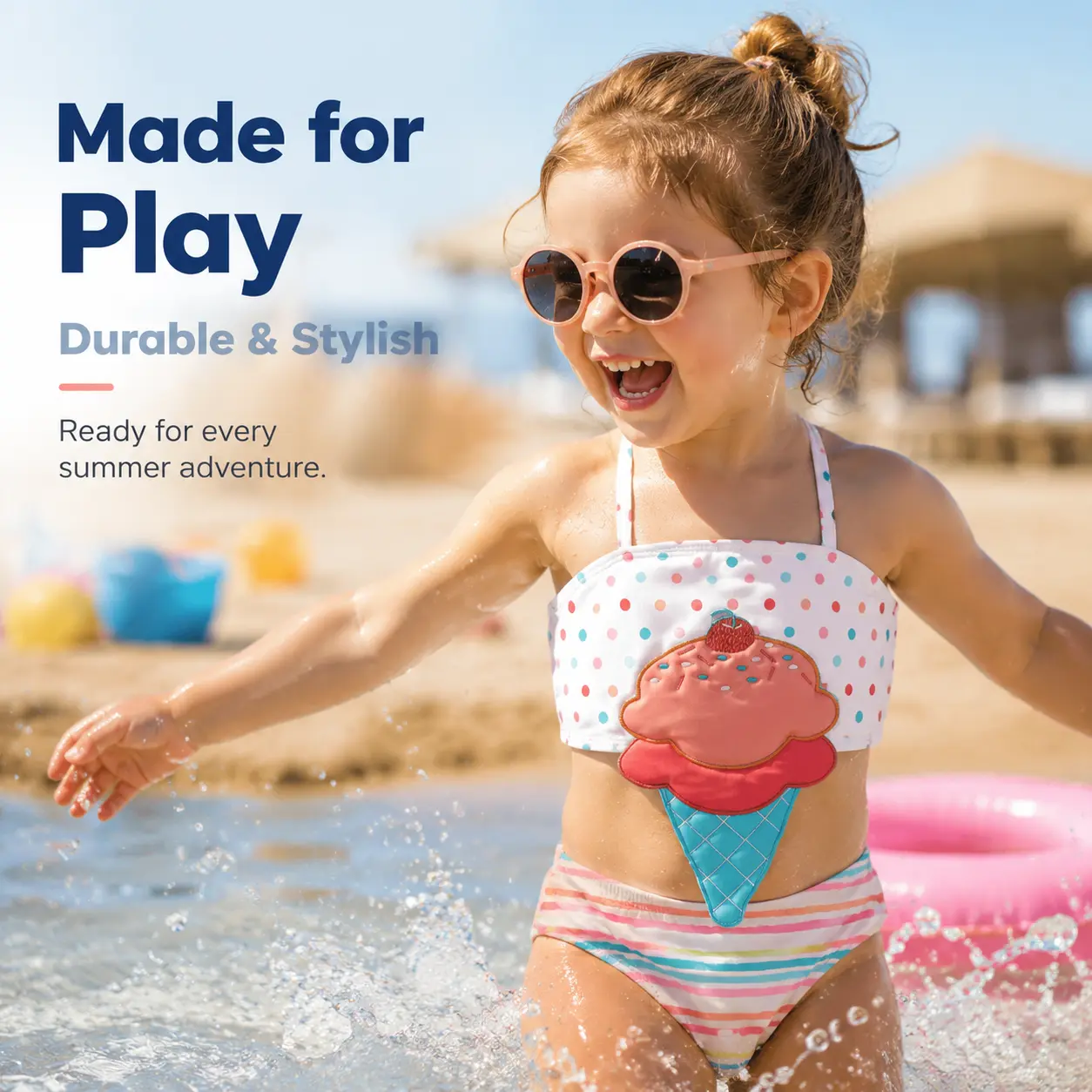 Toddler Girls' 1-Piece Quick-Dry Polka Dot Thin-Strap Swimwear, Rainbow Stripes Design with 3D Ice Cream Cherry Appliqué, Prop 65 Safe Summer Beach Pool Bathing Suit, One Piece