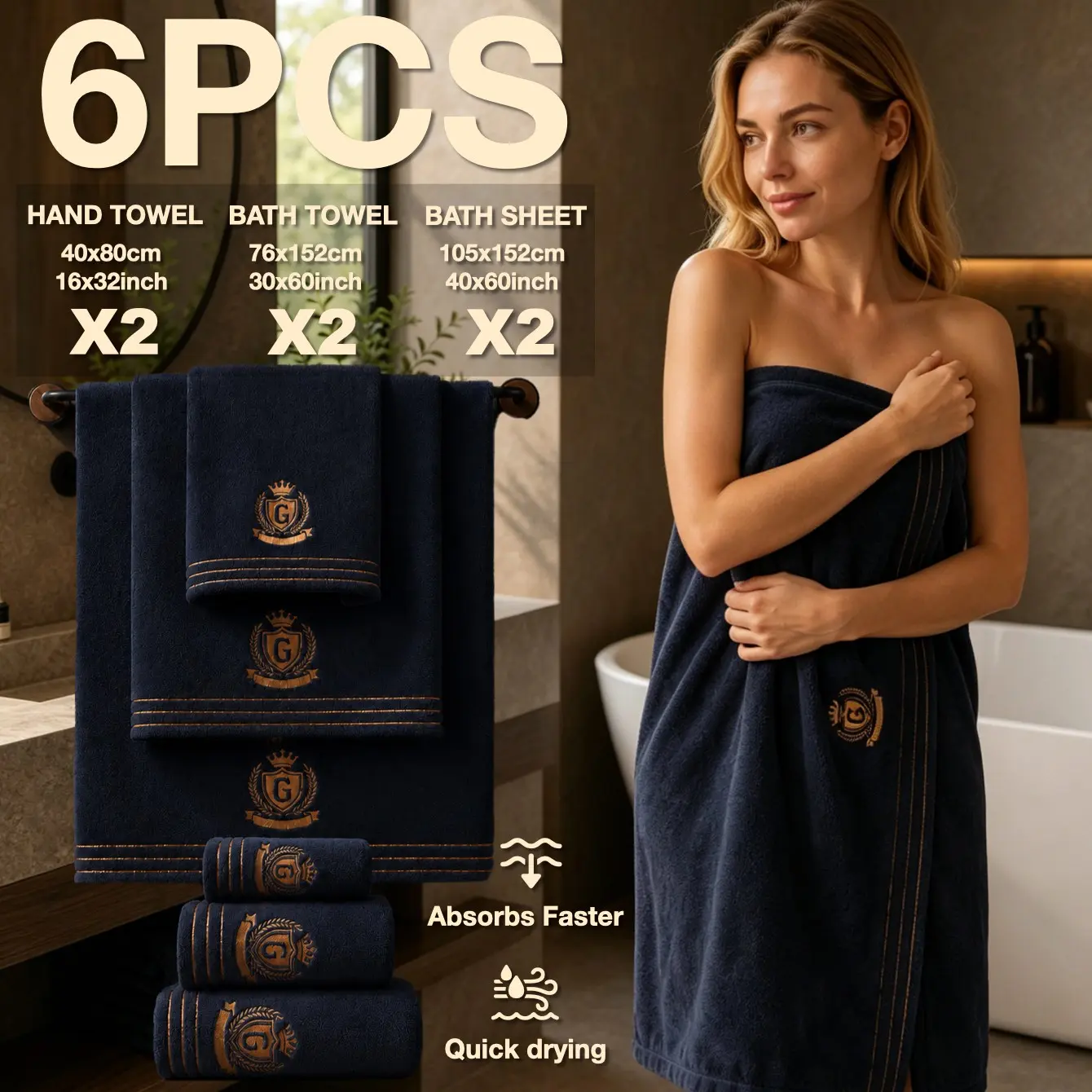 6-Piece Thick Premium Towel Set, Gold Trim Luxury Embroidered Bath Mat, Quick-Dry Microfiber, Ideal for Travel, Beach, Camping, Home, Hotel, School