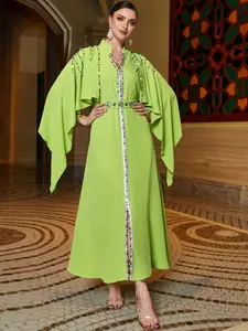 3080 Rhinestone Shawl Robe, Lemon Dramatic Sleeve Long Dress, Women's High-End Luxury Middle East Dubai Evening Gown Abaya with Belt