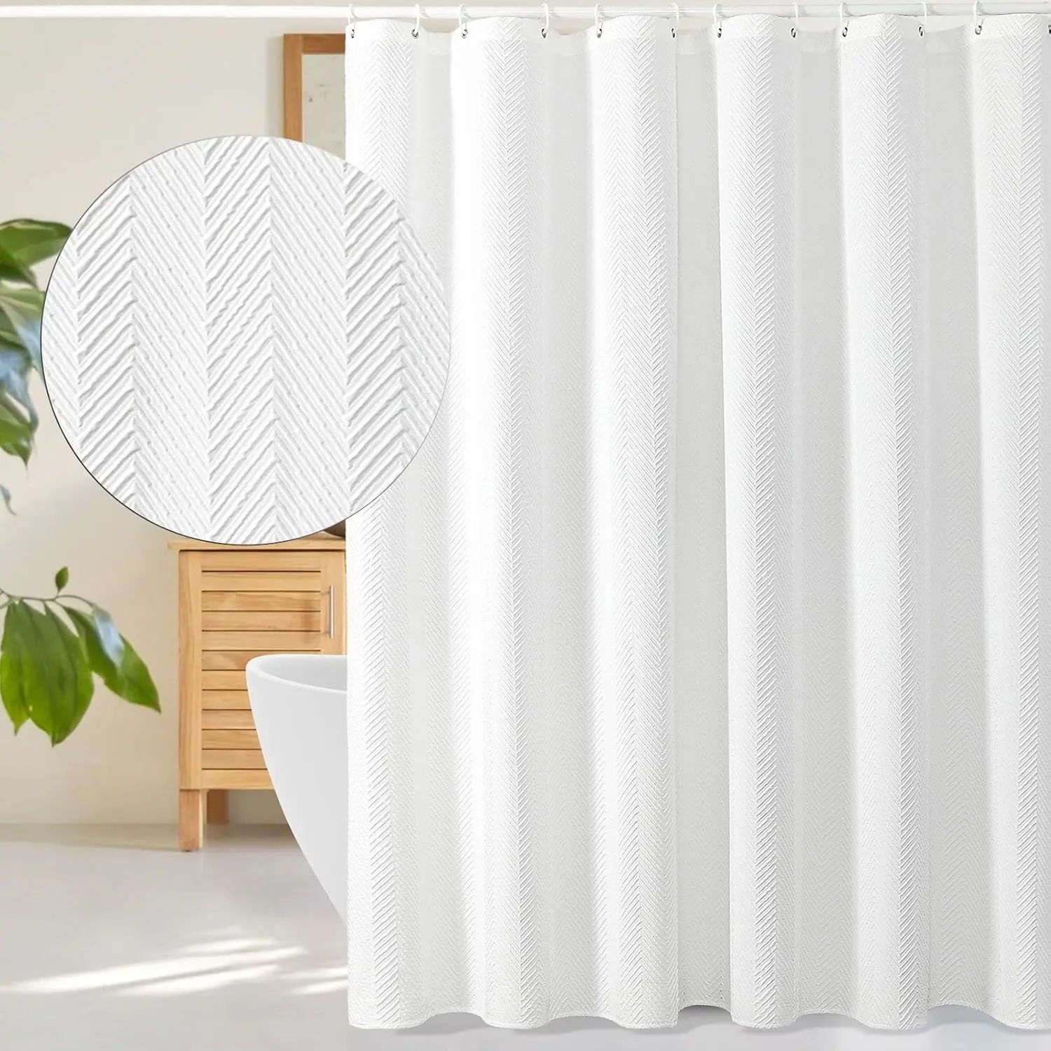 White Shower Curtain, 3D Embossed Textured Herringbone Fabric Shower Curtain, Modern Farmhouse Bathroom Decor Soft Cloth Shower Curtain Set, 72x72
