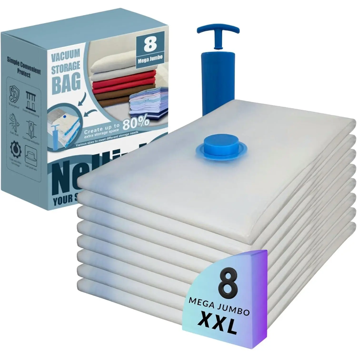8 Mega Jumbo XXL Vacuum Storage Bags with Pump, Supersized Compression Space Saver for Comforter, duvet, Bedding, Blanket storage, Vacuum Seal Bags for Clothing, Durable Safe Poly Material
