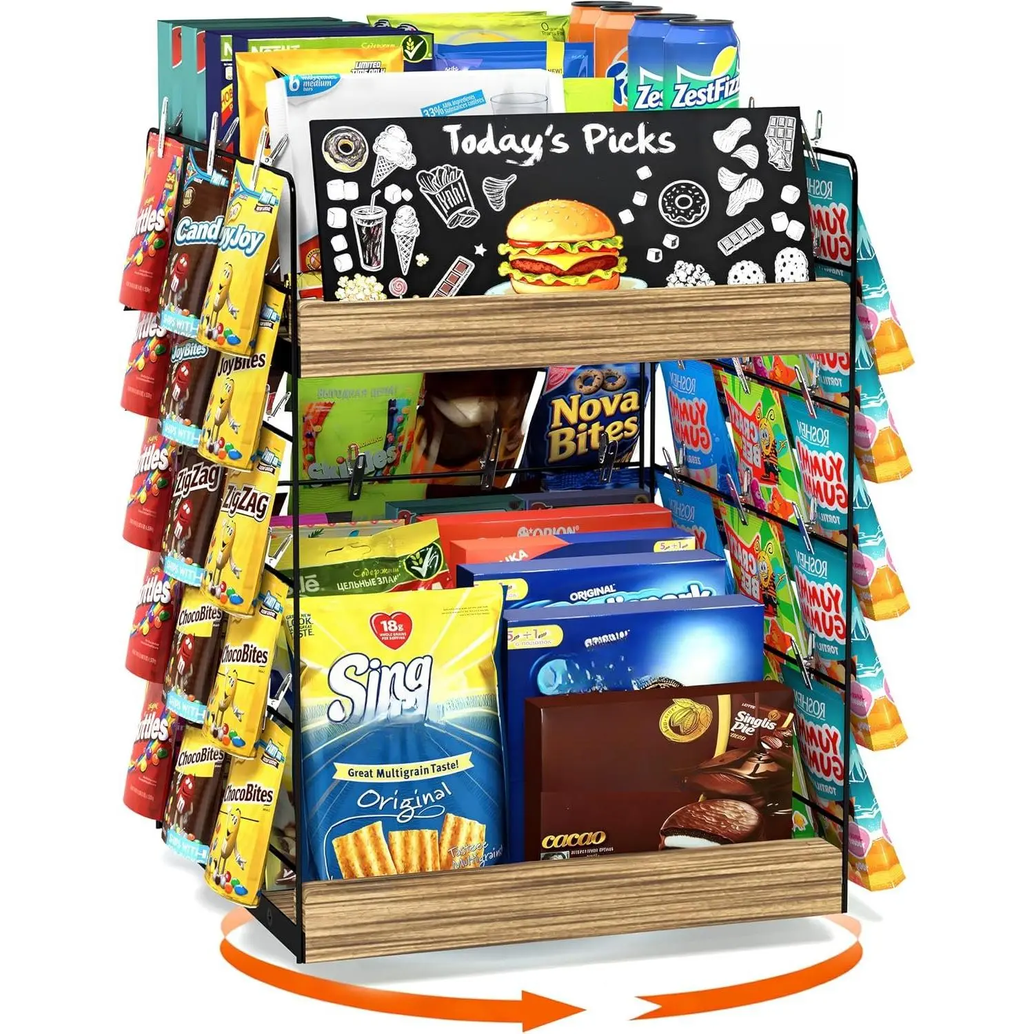 Chip Rack Display Stand, 6 Tiers 50 Clips Snack Organizer, 360° Rotating  Base Candy Display Rack, Portable Retail Display Shelf for Countertop, Office, Store, Kitchen, Party