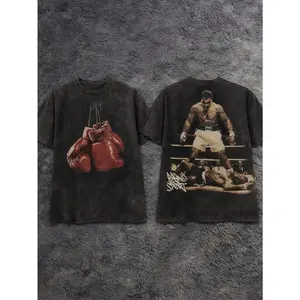 Men's Acid Wash Cotton Boxing Gloves Graphic Vintage Streetwear Casual Gym Unisex T-Shirt Tee