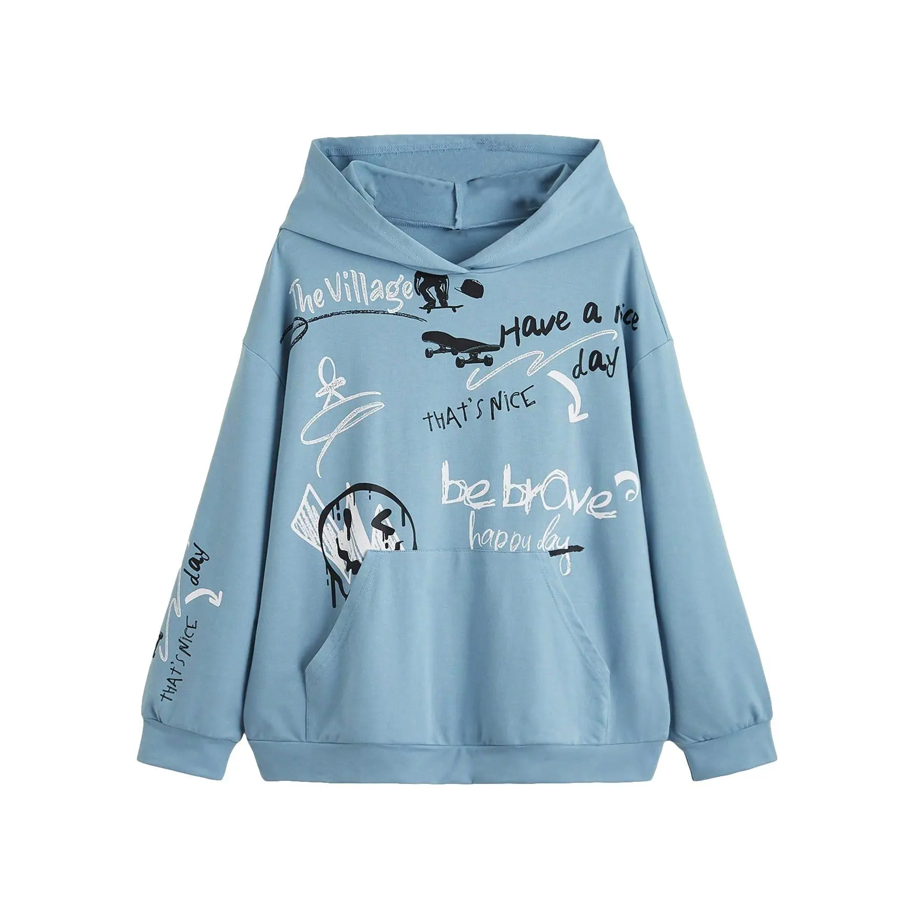 Plus Size Cartoon and Slogan Graphic Pullovers Drop Shoulder Kangaroo Pocket Hoodie