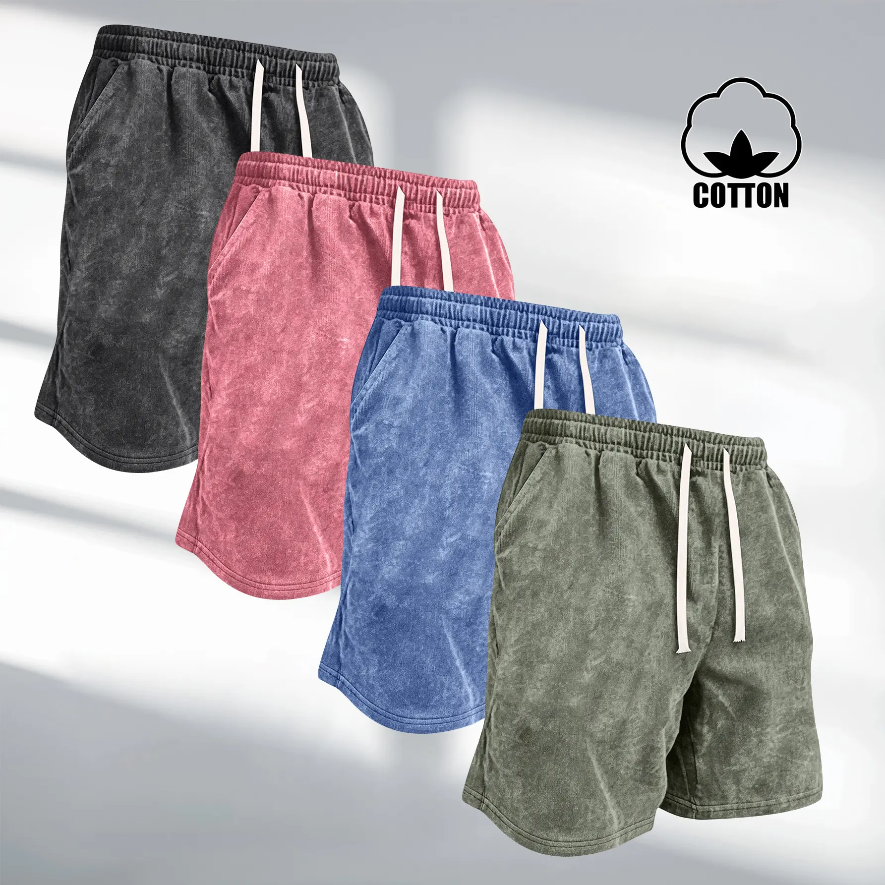 Men's Summer Cotton Acid-Wash Distressed Shorts Loose Fit Elastic Waist Drawstring Gym Basketball Athletic Running Shorts Active Pockets Casual Beach Vacation Aesthetic Lounge Wear Shorts Gift for Boyfriend Husband Menswear Vintage Fabric Fashion Tropical