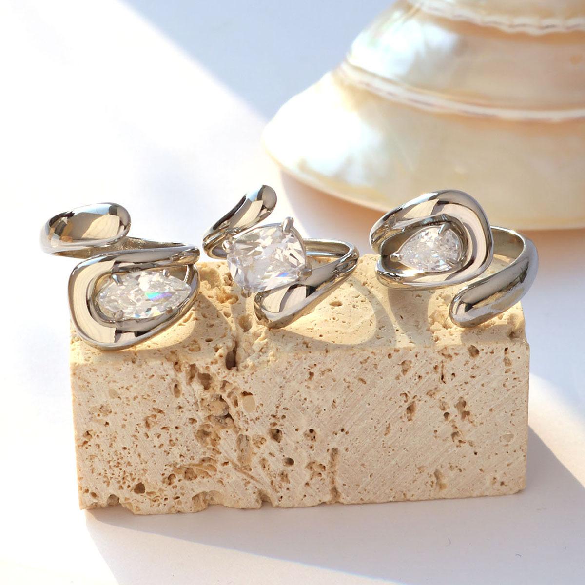 Plated Zircon Ring for Women, Stainless Steel Titanium Adjustable Fine Jewelry, Elegant Modern Aesthetic, Office Travel Anniversary Gift for Wife Sister Gold-Plated Striped Couple Stacking Minimalist