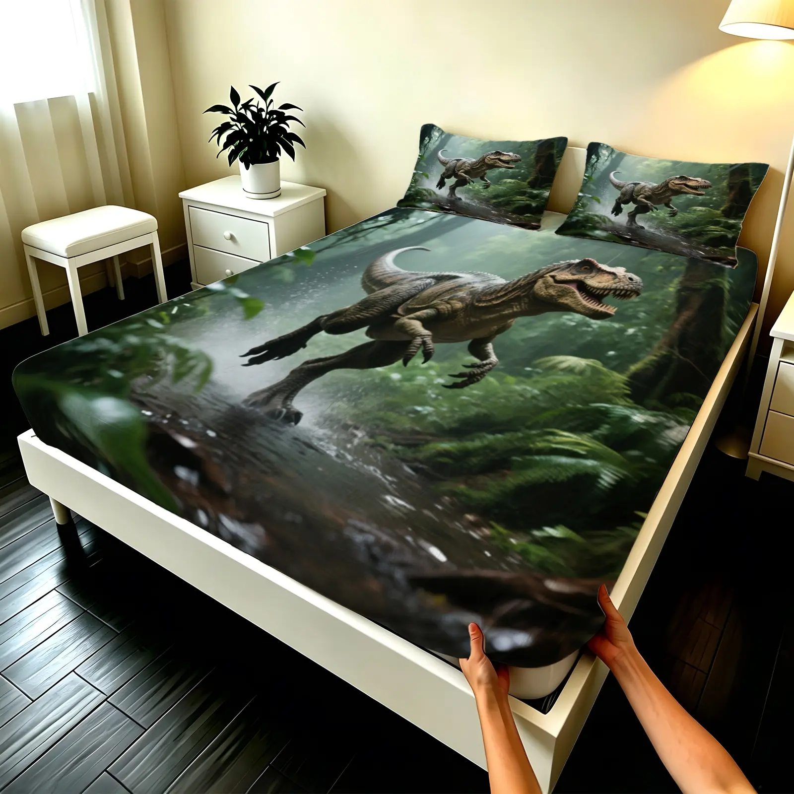 3pcs Fitted sheet Viral TikTok Tyrannosaurus Rex Dinosaur Pattern Soft Microfiber Fitted Sheet Set, Wrinkle Resistant Fade Proof Breathable Comfortable Durable Fit Twin Full Queen King Cal King Size Bed Sheets for Bedroom Home Guest Room