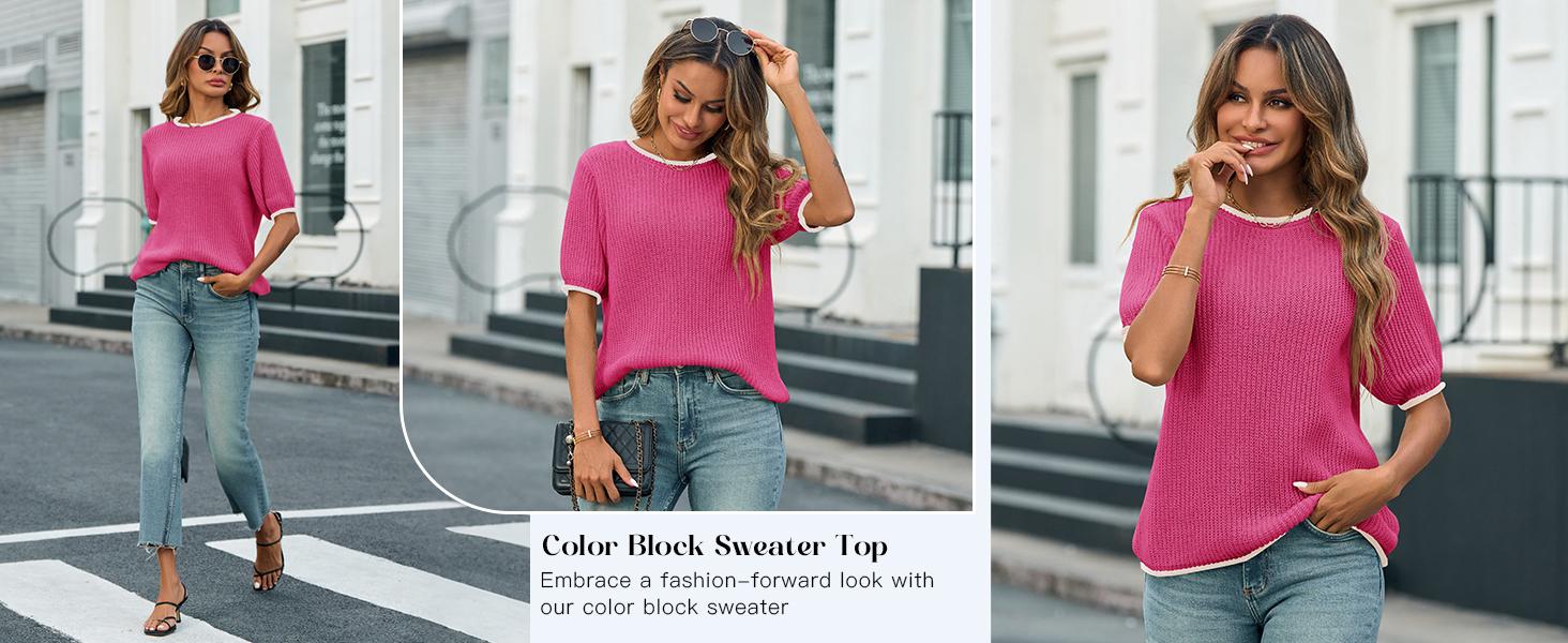 Saodimallsu Womens Puff Short Sleeve Sweater Tops Spring Summer Color Block Ribbed Knit Crew Neck Going Out Shirts SpringStatements