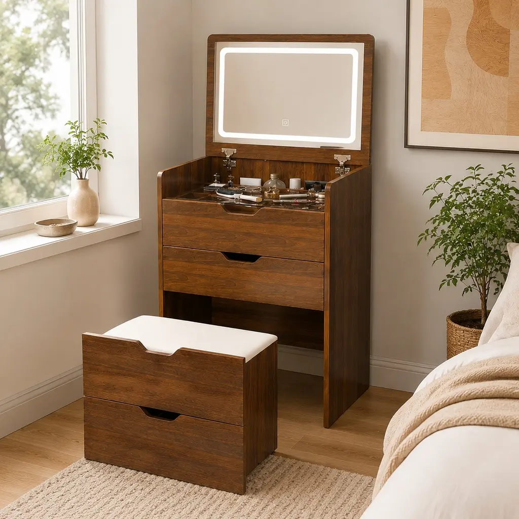 3-in-1 Vanity Desk with Lighted Mirror, Dimmable LED, Storage Stool & Drawers, Walnut MDF, 330 lb Capacity