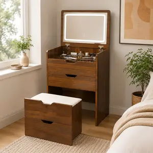 ARCH 3-in-1 Walnut MDF Vanity Desk - Lighted Adjustable Dimmable LED Mirror, Storage Stool, Drawers, 15.75" w x 23.62" d x 47.24" h, 56.22 lb, 330 lb Capacity, Assembly Required, Ideal for Studio Apartments