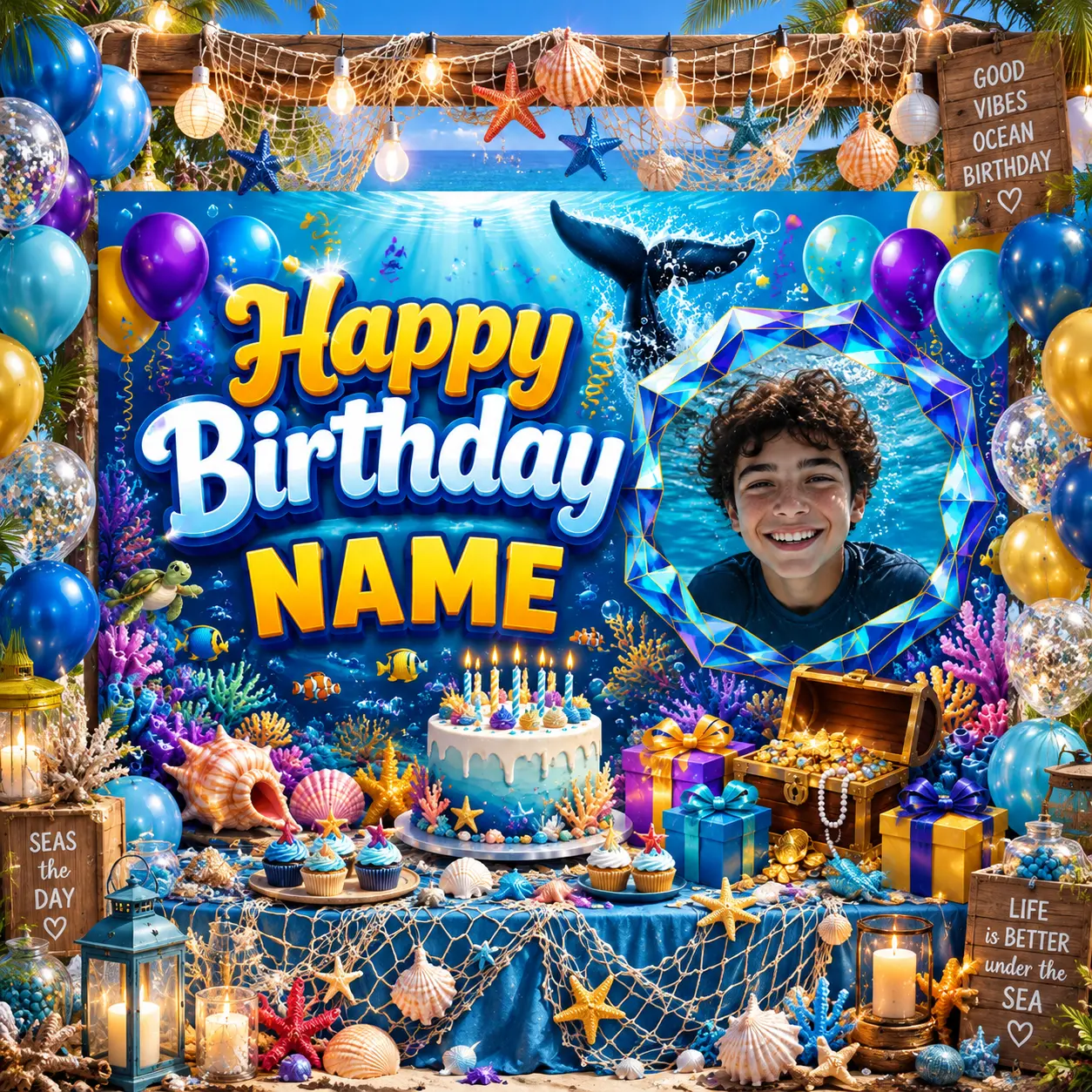 Custom Photo & Name Shark Ocean Birthday Backdrop, Blue Whale Shark Treasure Chest Coral Balloon Sea Life Party Decor