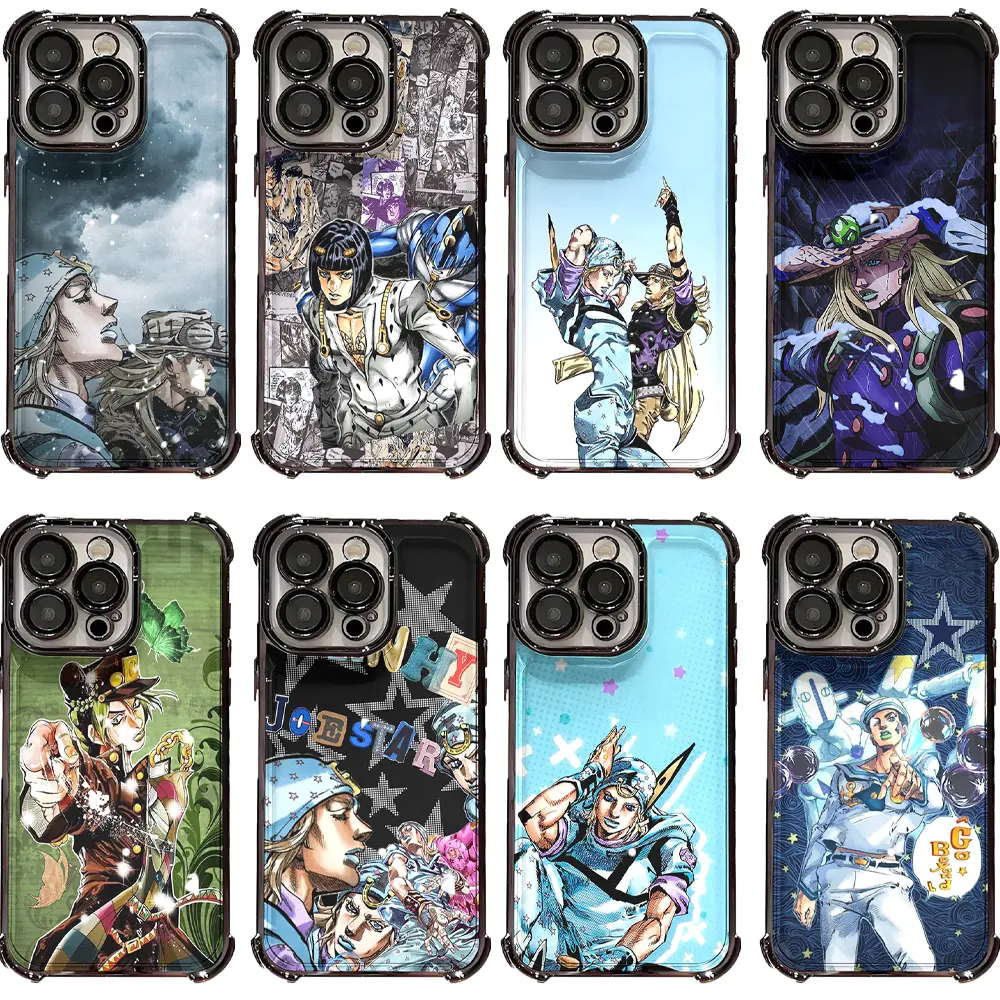 JoJo's Bizarre Adventure Steel Ball Run Electroplated 4-Corner Silicone Phone Case - Black Plating Edge, Durable Shockproof Anime Hard Cover for iPhone 17 ProMax/Air,16 Pro,15,14 Plus,13,12 & Samsung S23-S26, Manga Fan Accessory, Teen Birthday Gift, Prote