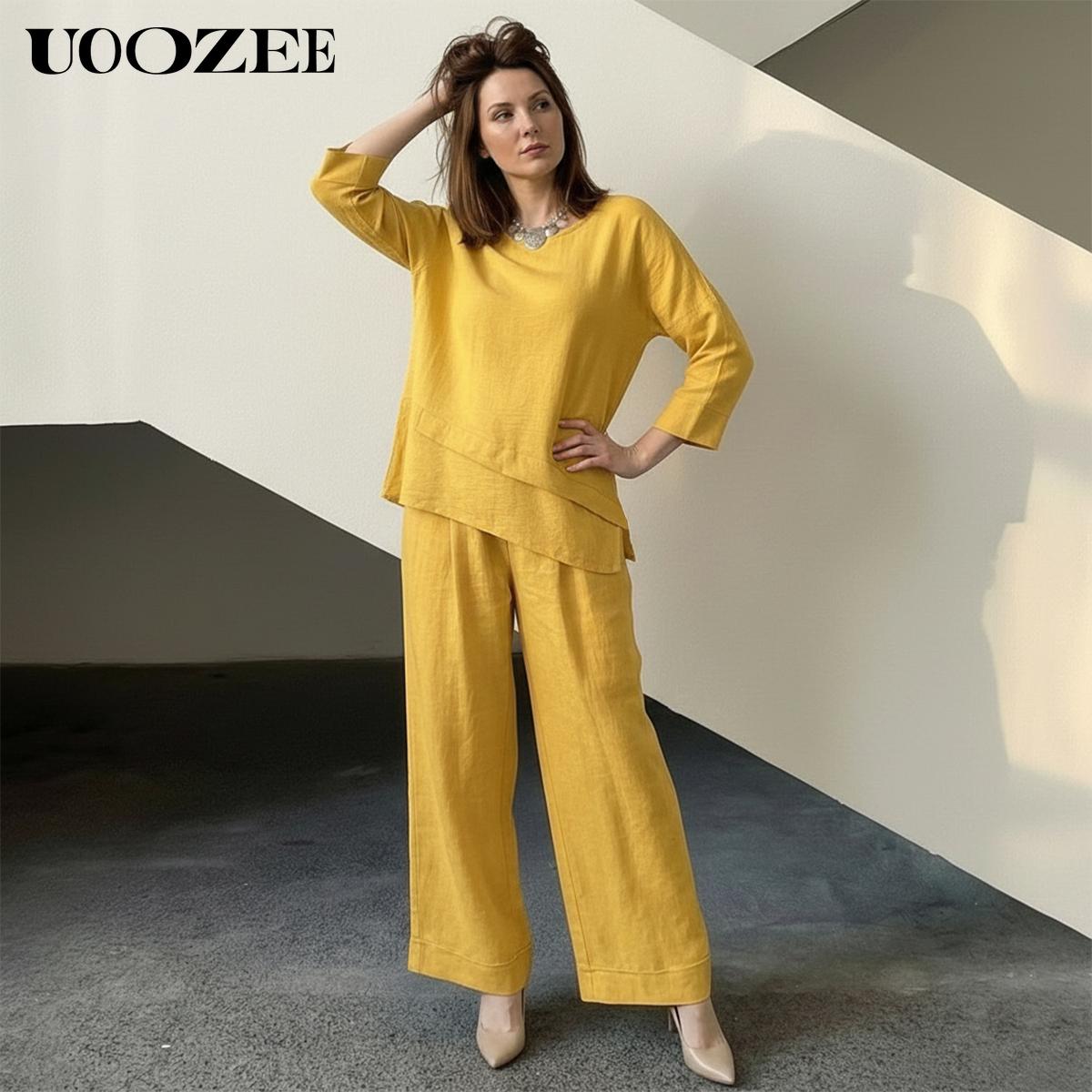 UOOZEE Women's Spring Summer Trend Look Loose Elastic Waistband with Pockets Wide Leg Pants & Oversized V-Neck Top Two-Piece Set, Spring Summer Casual/Work/Weekend Co-Ord for Women