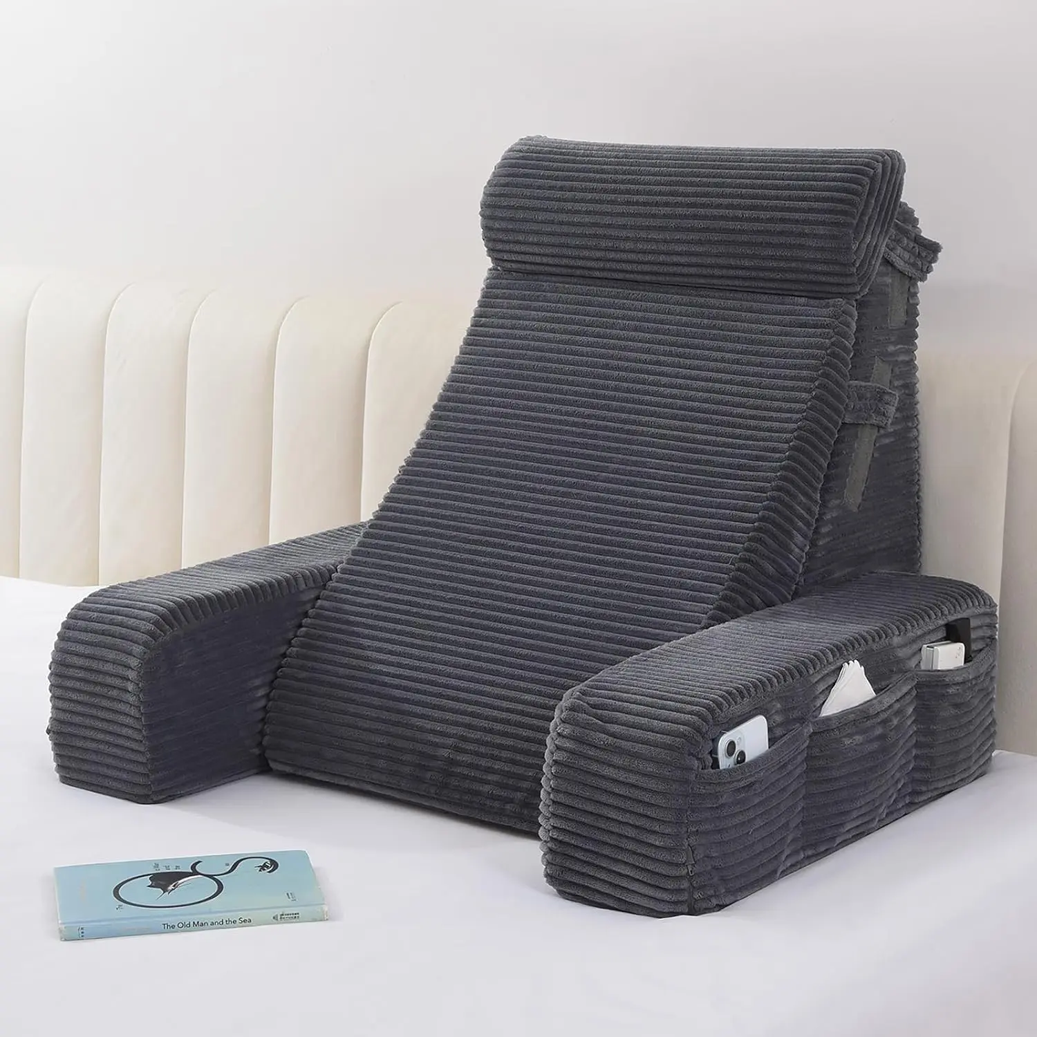 Adjustable Reading Pillow & Back Pillow with Backrest – Zoned Multi-Density Foam for Targeted Support, XL Side Pockets – Bed Chair for Reading, Gaming, Relaxing & Post-Surgery Recovery