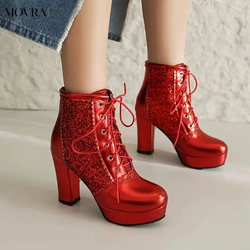 MOVRA1 Women'S Red Glitter Heel Ankle Boots with Lace-Up Detail - Comfortable Chunky Heel, Round Toe, All-Season Fashion Footwear, Stylish Platform Heels| Glittery Red Boots| Cover Boots, Heel Boots