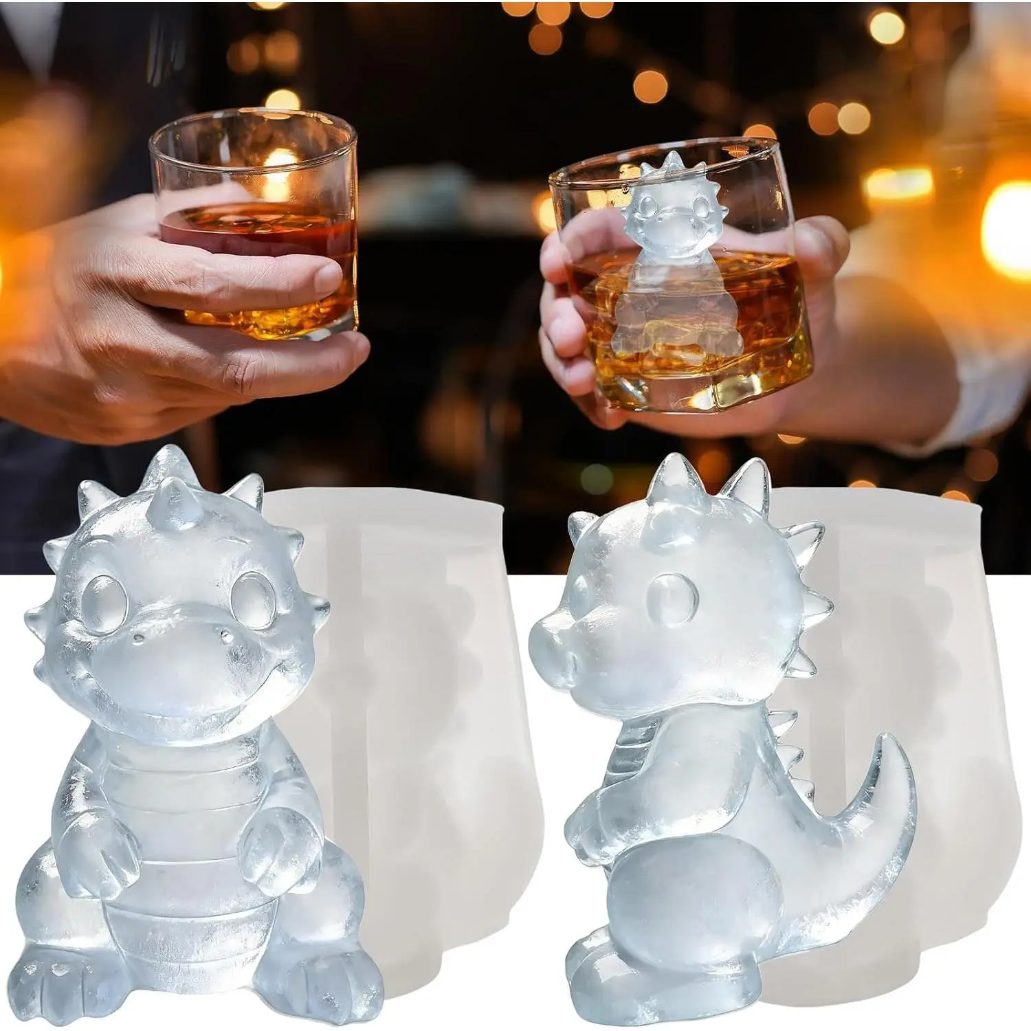 3D Dinosaur Ice Cube Silicone Molds Tray for Whiskey Cocktail Drink Decor Bar, Rich Details, Cute Dragon Gifts for Women Kids Boys Girls, Fun Animal Shape Soap Epoxy Resign Mold, 2 Pack