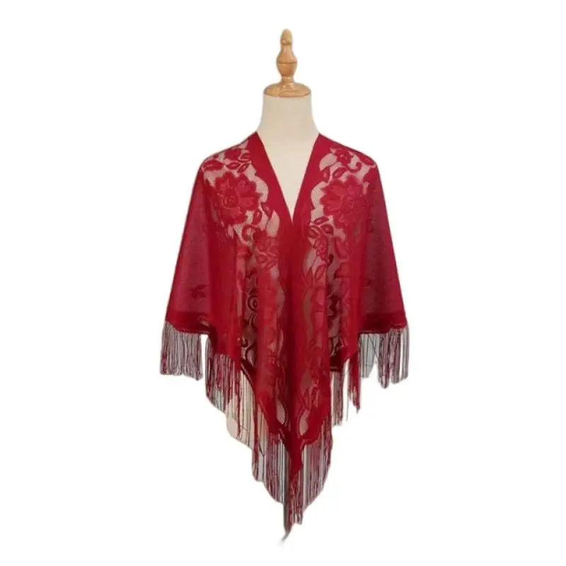 Floral Lace Shawl Wrap Women Embroidery Scarf With Fringe Sheer Kimono Poncho Capelet Summer Beach Cover Up Evening Party Shawls