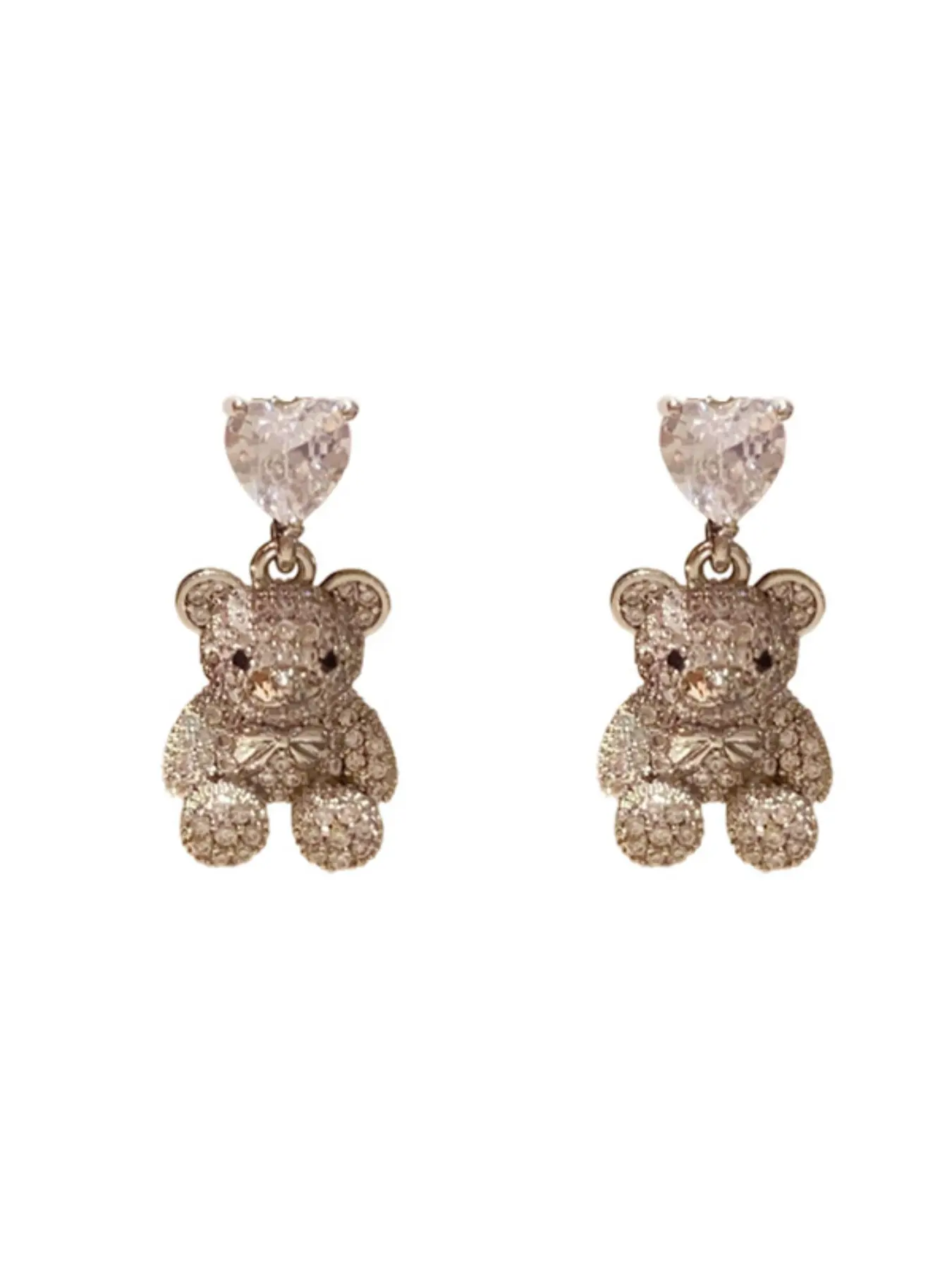 Silver Needle Luxury Zircon Heart Bear Earrings, Cartoon Creative Unique Ear Studs, High-End Elegant Jewelry for Women, Fashion Earrings