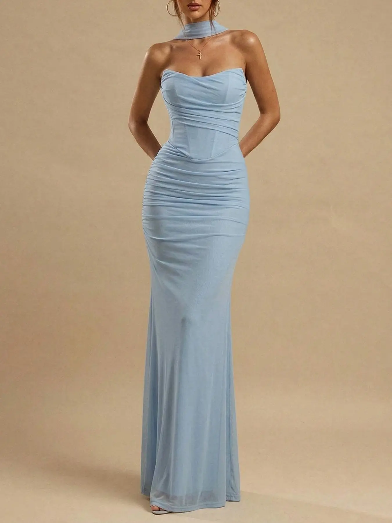 Light Blue Strapless Sleeveless Ruched Maxi Dress Women Bodycon Slim Fit Corset Waist Tube Dress With Neck Scarf Elegant Sexy Evening Party Dress Y2K Chic Formal Occasion Wedding Guest Going Out Dress Summer Vacation Glam Fashion Elegance
